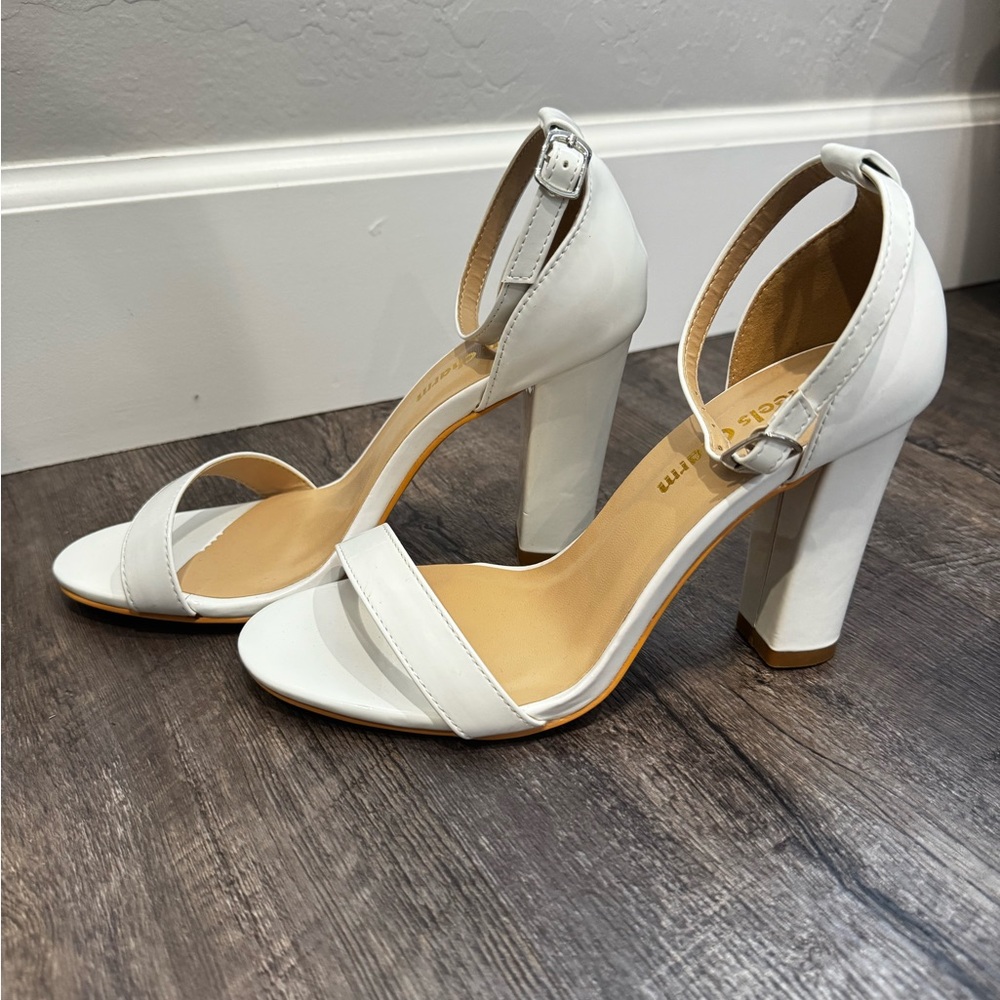 Elegant White Ankle Strap Heels, Size 8